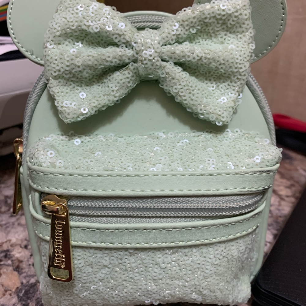 Disney Parks Minnie Mouse Bow Mint Green Sequin Loungefly Mini Backpack Wristlet